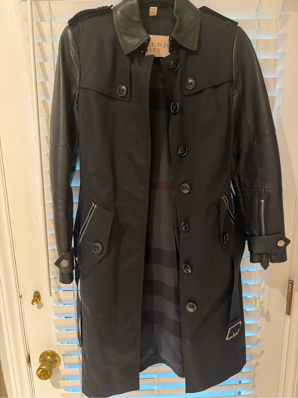Burberry Black Trench Coat with Leather Sleeves